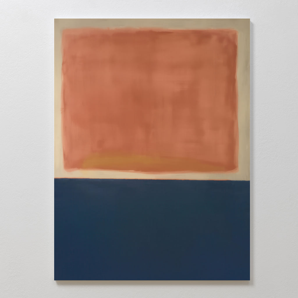 The Dusk Stripe Abstract Canvas Art showcases a minimalist design with a large, soft red-orange rectangle above a dark blue block, separated by an uneven line on a beige background—an eye-catching piece of abstract wall art.