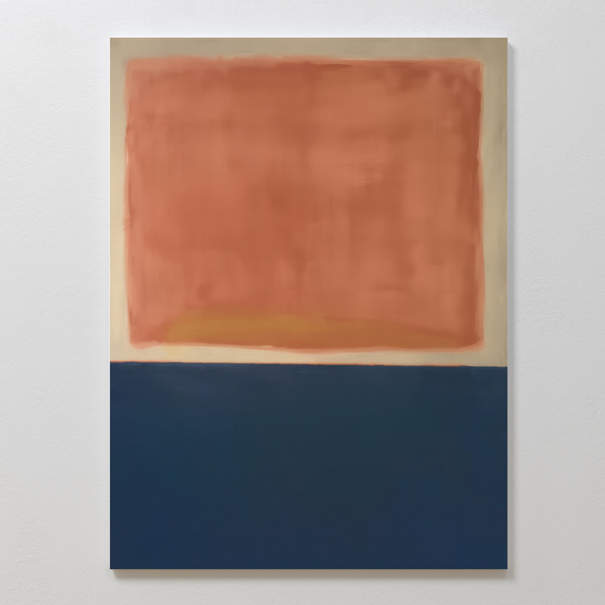 The Dusk Stripe Abstract Canvas Art showcases a minimalist design with a large, soft red-orange rectangle above a dark blue block, separated by an uneven line on a beige background—an eye-catching piece of abstract wall art.