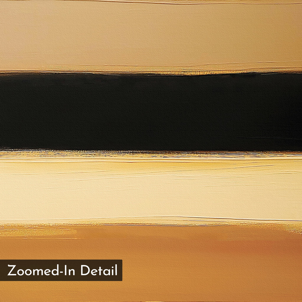 A close-up of Earth Layers Canvas Art showcases horizontal bands in beige, black, cream, and gold with layered brushstrokes. "Zoomed-In Detail" text appears at the bottom left corner.