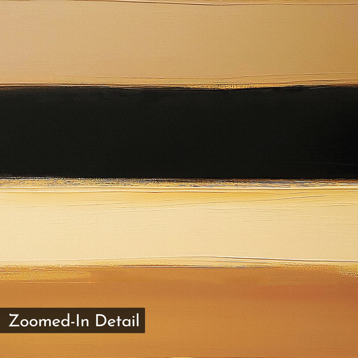A close-up of Earth Layers Canvas Art showcases horizontal bands in beige, black, cream, and gold with layered brushstrokes. "Zoomed-In Detail" text appears at the bottom left corner.