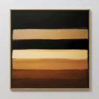 Earth Layers Canvas Art showcases four horizontal bands in beige, tan, gold, and brown on a dark background with soft edges. Framed in light wood and ideal for Nordic Park-inspired living room decor.