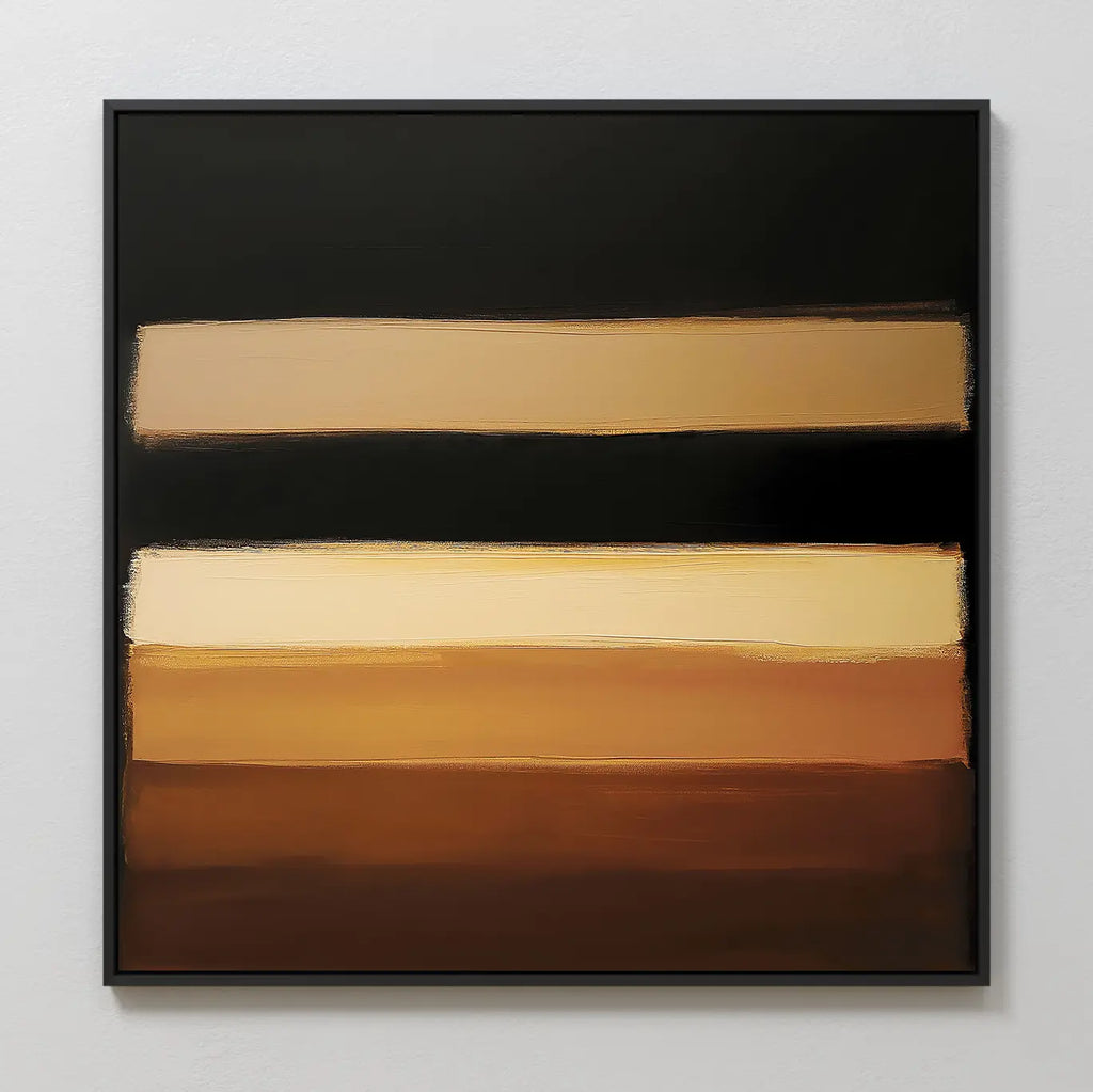Earth Layers Canvas Art features four horizontal bands in beige, tan, and brown on a dark background. Broad brushstrokes add a layered effect. Framed in black, this minimalist wall art adds a modern touch to your living room decor.