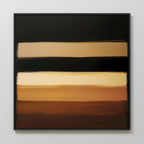 Earth Layers Canvas Art features four horizontal bands in beige, tan, and brown on a dark background. Broad brushstrokes add a layered effect. Framed in black, this minimalist wall art adds a modern touch to your living room decor.