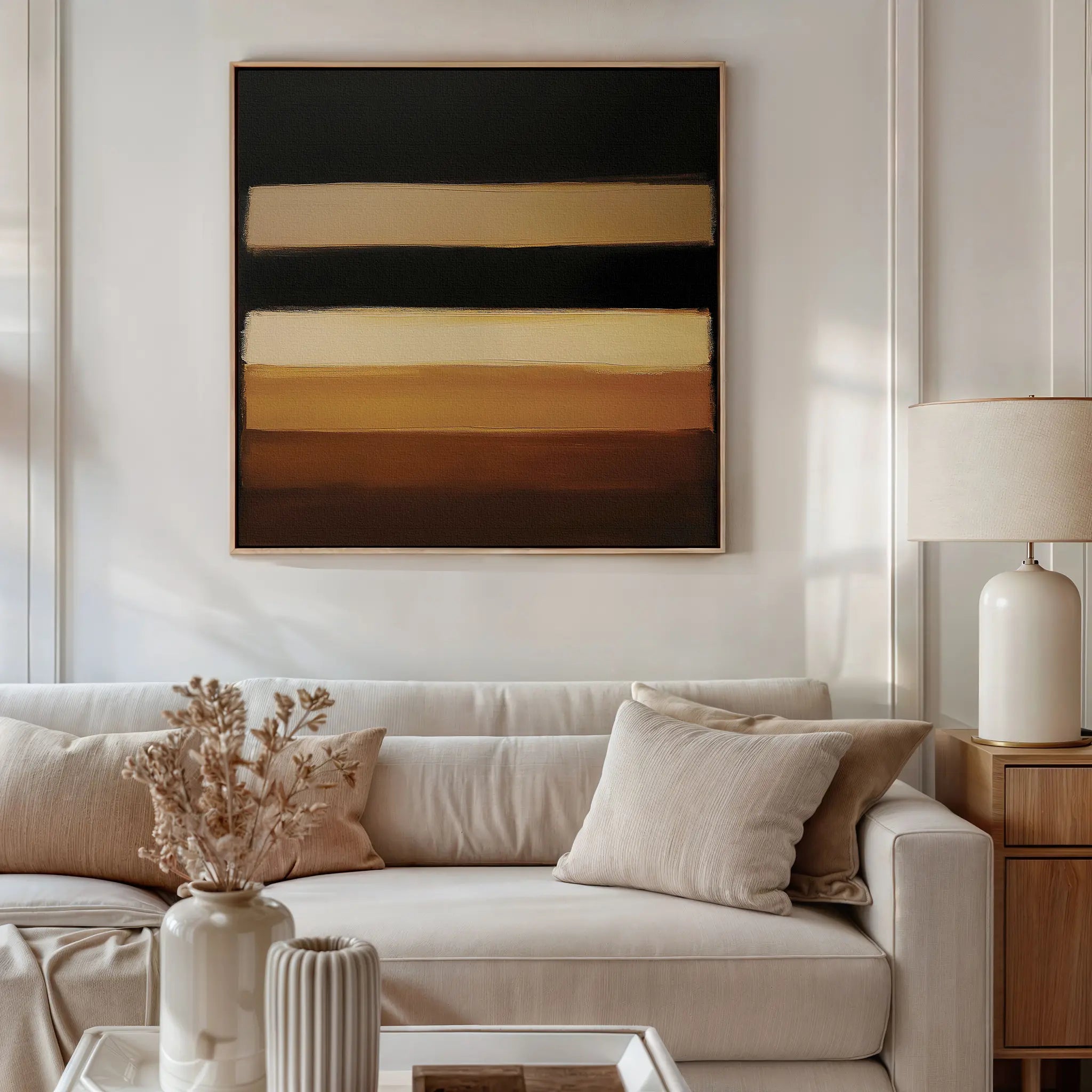 A modern living room with a beige sofa, pillows, a lamp on a wooden side table, dried flowers in a vase, and the Earth Layers Canvas Art in black, gold, and brown as striking minimalist wall art above the sofa.