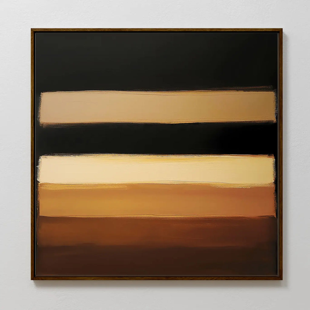 Earth Layers Canvas Art: A framed abstract piece with four horizontal bands in black, tan, gold, and brown tones with soft edges—ideal minimalist wall art for a Nordic Park-inspired living room. Displayed against a plain light-colored wall.
