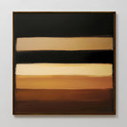 Earth Layers Canvas Art: A framed abstract piece with four horizontal bands in black, tan, gold, and brown tones with soft edges—ideal minimalist wall art for a Nordic Park-inspired living room. Displayed against a plain light-colored wall.
