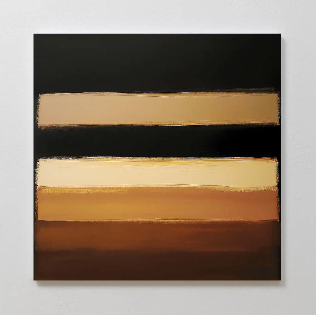 Earth Layers Canvas Art displays four horizontal bands in brown, gold, and tan on a dark backdrop. Its soft, blurred edges bring a serene minimalist touch—ideal wall art to elevate your living room décor.
