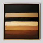 Earth Layers Canvas Art features four horizontal bands in brown, beige, and tan on a black background with softly blended edges, framed in gold—a refined, minimalist addition to any modern living room wall art collection.