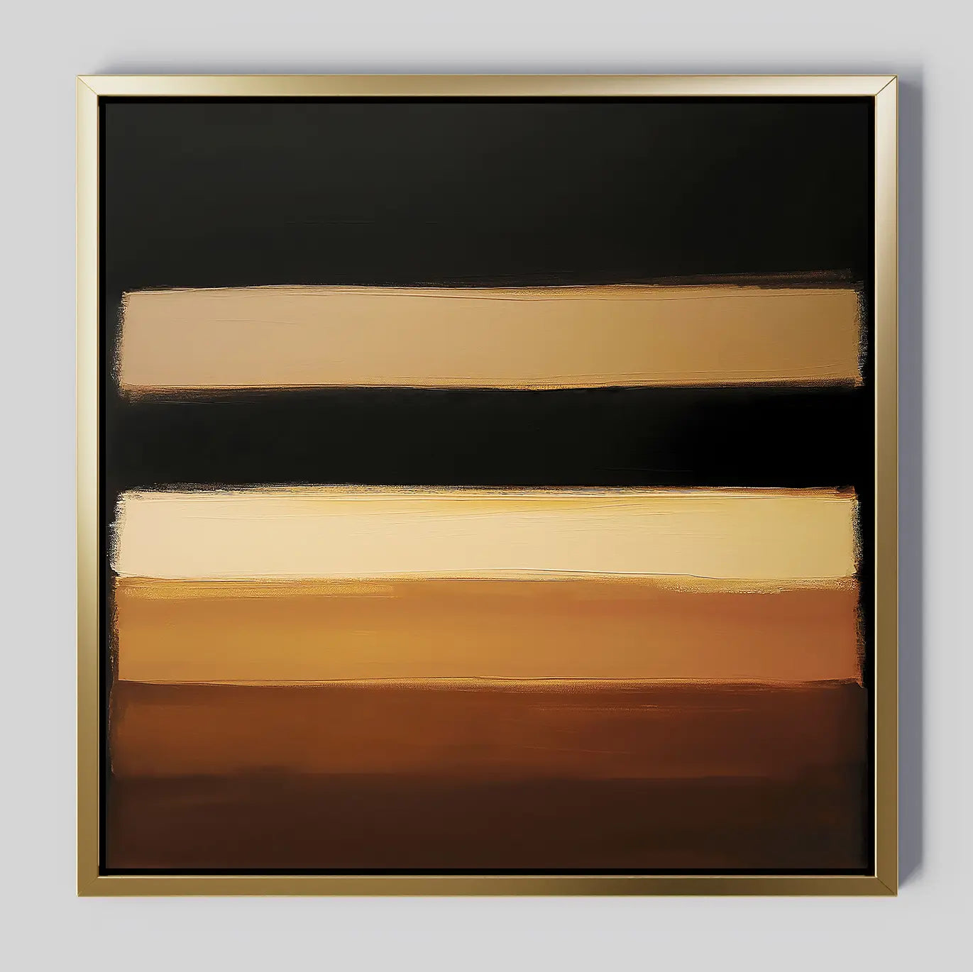 Earth Layers Canvas Art features four horizontal bands in brown, beige, and tan on a black background with softly blended edges, framed in gold—a refined, minimalist addition to any modern living room wall art collection.