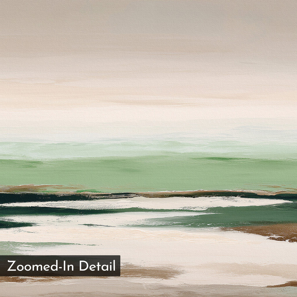 Earthbound Horizon Canvas Art features abstract, horizontal layers of beige, green, white, and brown for a serene landscape look. Visible brushstrokes add texture. Ideal as minimalist wall art or large decor; corner label says “Zoomed-In Detail.”.