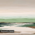 Earthbound Horizon Canvas Art features abstract, horizontal layers of beige, green, white, and brown for a serene landscape look. Visible brushstrokes add texture. Ideal as minimalist wall art or large decor; corner label says “Zoomed-In Detail.”.
