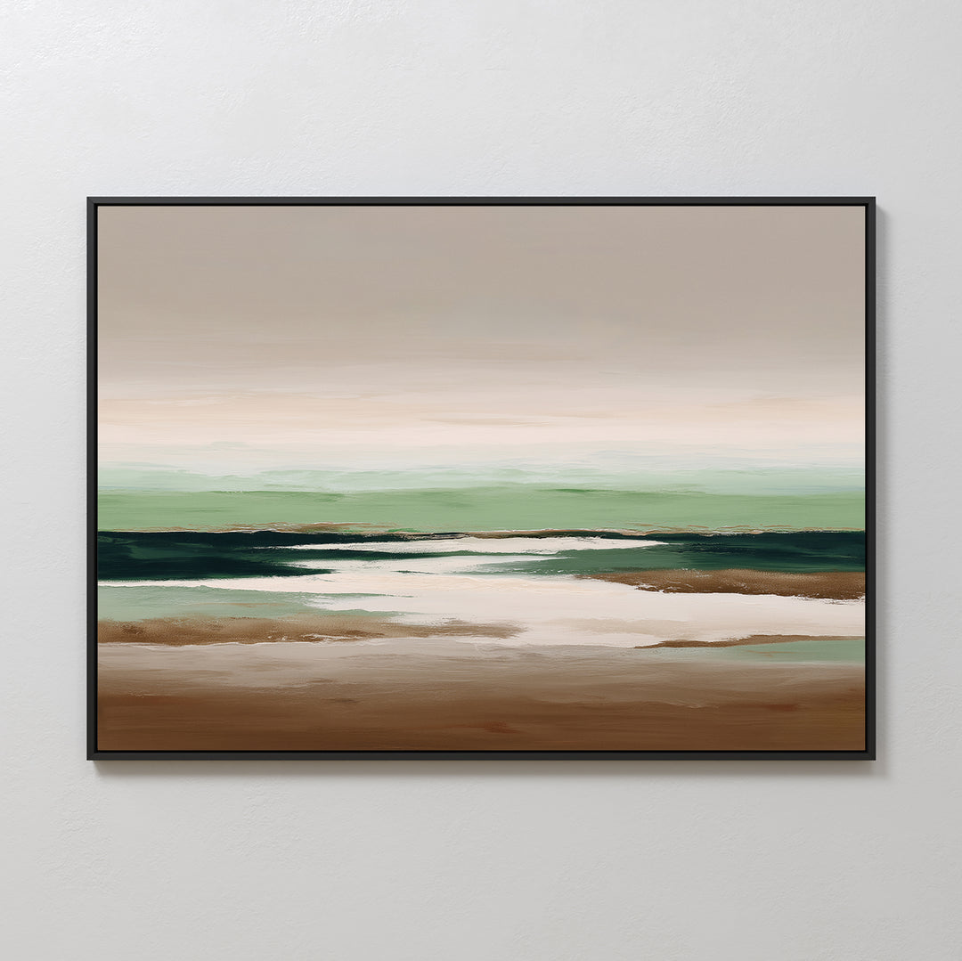 Earthbound Horizon Canvas Art features a framed abstract seascape with soft beige, green, brown, and white hues in smooth layers—ideal minimalist wall art to add serene decor and a calming canvas style to any space.