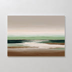 Earthbound Horizon Canvas Art is a minimalist abstract painting of a calm seascape with brown sand, reflective water, dark green waves, and a pale sky in soft beige, green, and blue—perfect as calming large wall decor.