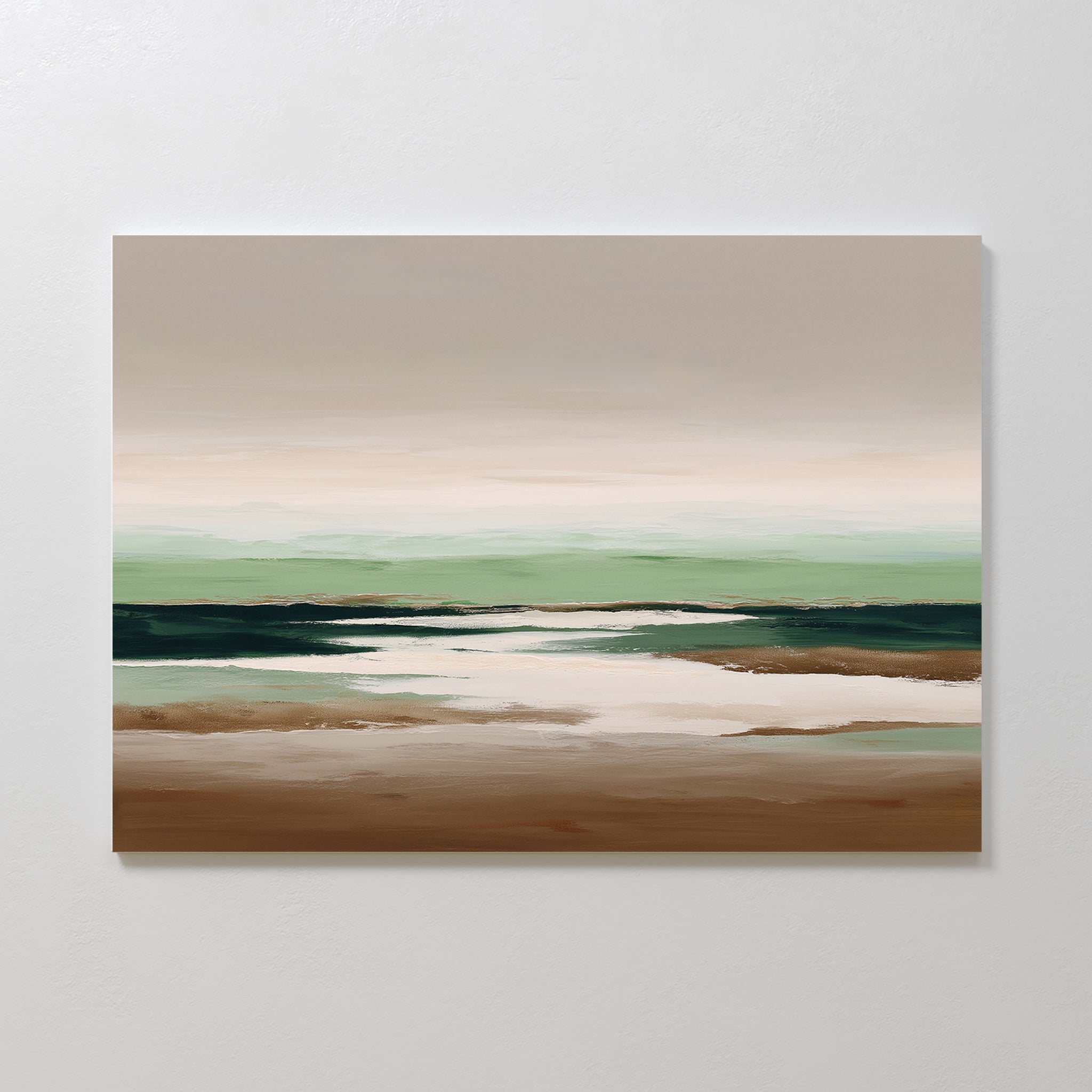 Earthbound Horizon Canvas Art is a minimalist abstract painting of a calm seascape with brown sand, reflective water, dark green waves, and a pale sky in soft beige, green, and blue—perfect as calming large wall decor.