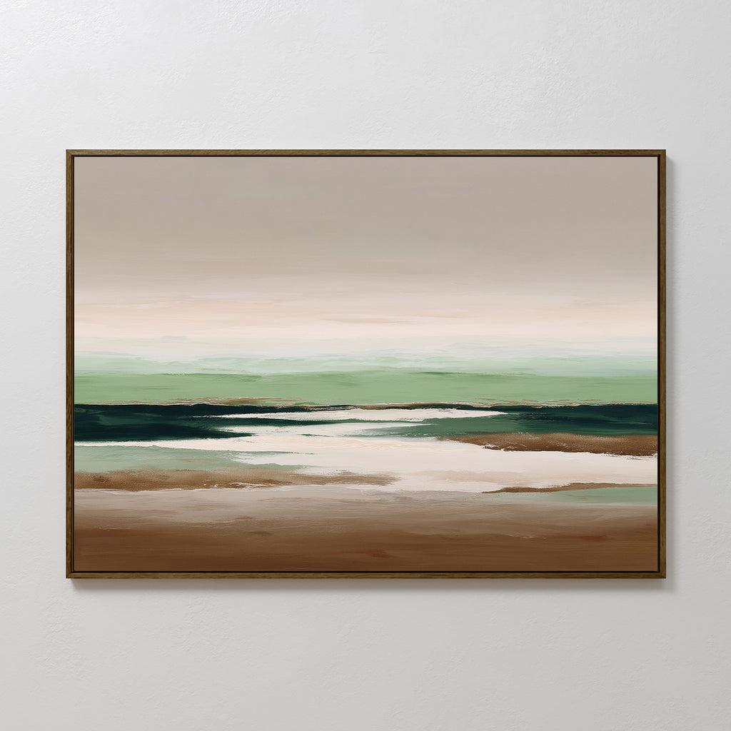 Earthbound Horizon Canvas Art features a serene, abstract landscape in soft beige, brown, green, and white tones. Its minimal, impressionistic style makes it ideal minimalist wall art or large decor for any modern space.