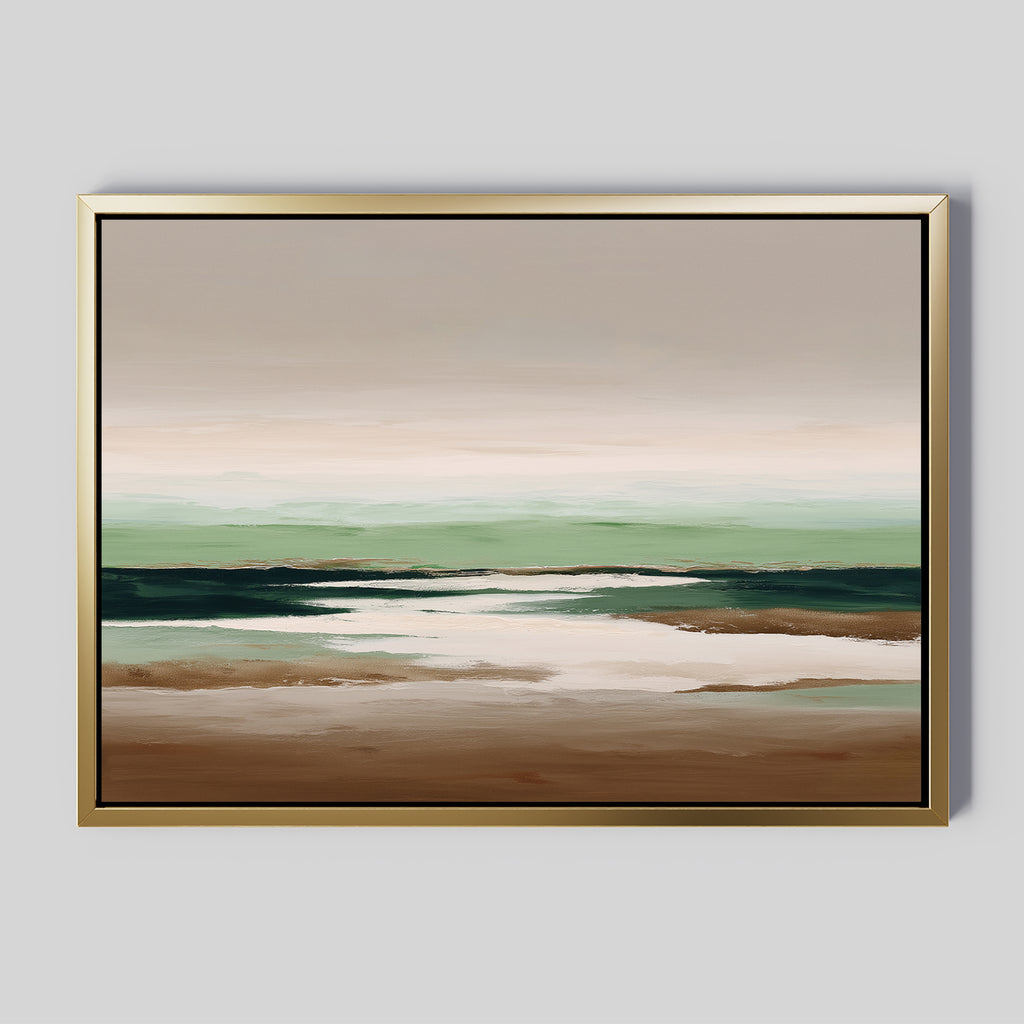 Earthbound Horizon Canvas Art features a serene abstract landscape in soft brown, green, and white tones with a gold frame. This minimalist wall art is perfect as large decor for any modern space, evoking calm through its gentle color blend.