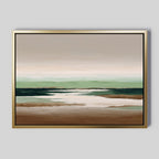 Earthbound Horizon Canvas Art features a serene abstract landscape in soft brown, green, and white tones with a gold frame. This minimalist wall art is perfect as large decor for any modern space, evoking calm through its gentle color blend.