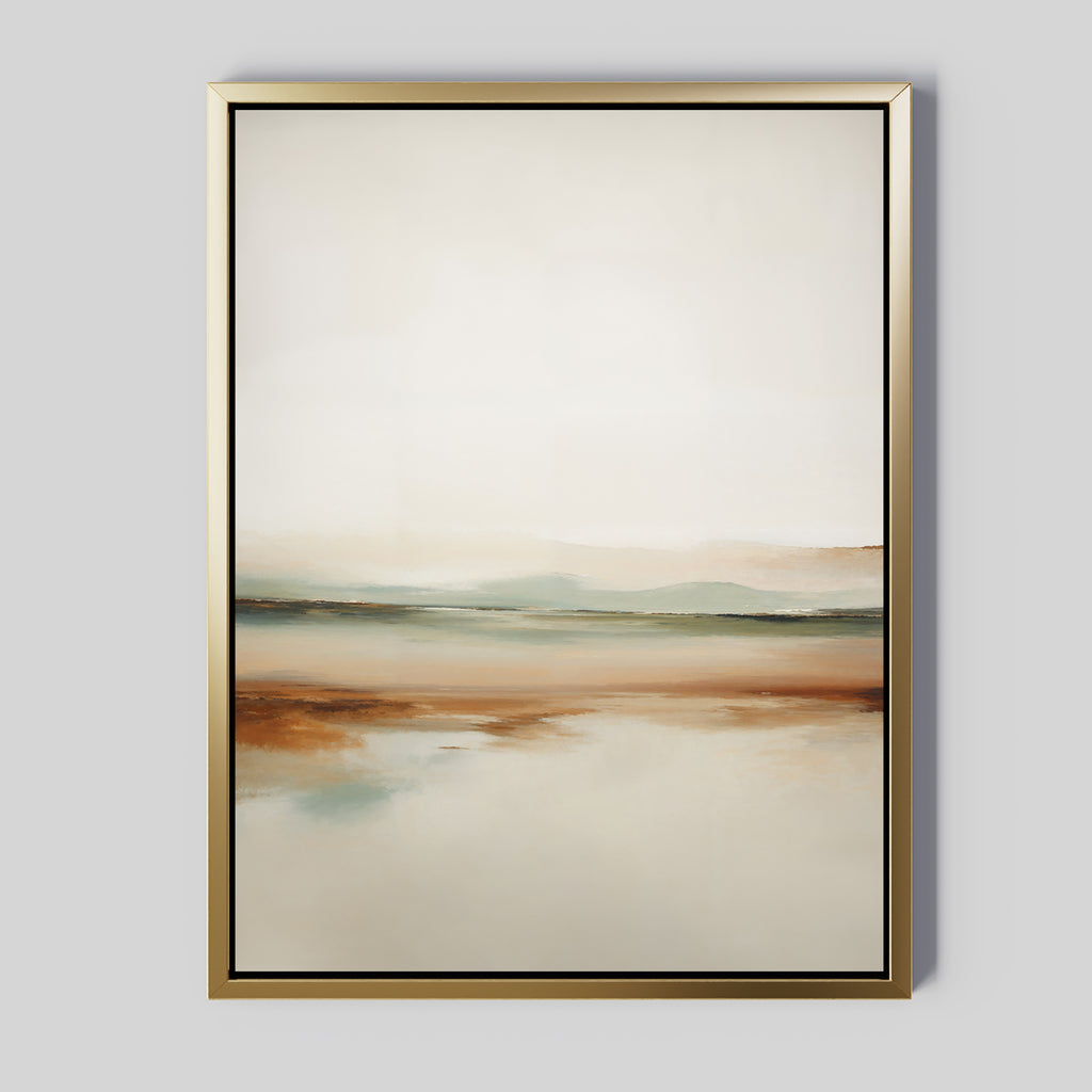 Earthly Hues Abstract Canvas Art features a serene landscape in soft beige, brown, and blue-green tones within a gold frame—perfect modern wall art to enhance your living room decor.