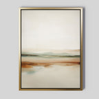 Earthly Hues Abstract Canvas Art features a serene landscape in soft beige, brown, and blue-green tones within a gold frame—perfect modern wall art to enhance your living room decor.