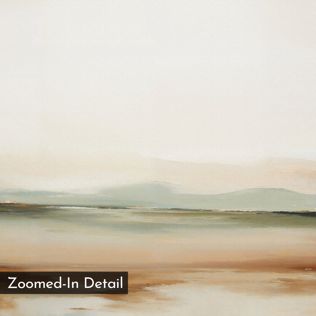 Earthly Hues Set of 2 features abstract landscape art in muted beige, green, and brown tones. Soft, blurred horizontal layers suggest distant hills and sky for a serene, minimalist touch to living room decor. “Zoomed-In Detail” appears in the corner.