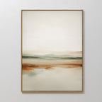Earthly Hues Abstract Canvas Art features soft blends of brown, beige, green, and blue for a serene look. Framed and ready to hang on a white wall, it’s ideal for enhancing your modern living room decor with minimalist style.