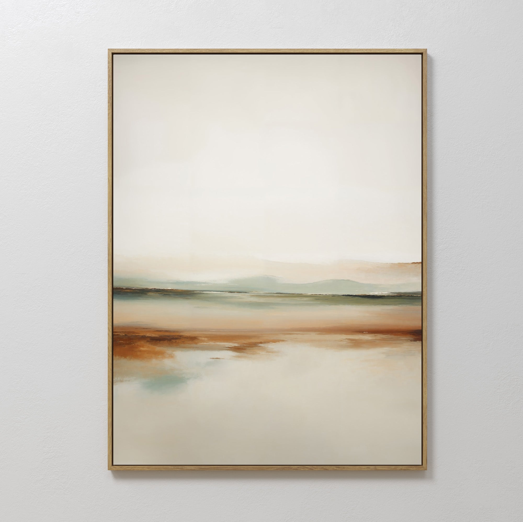 Earthly Hues Abstract Canvas Art features soft blends of brown, beige, green, and blue for a serene look. Framed and ready to hang on a white wall, it’s ideal for enhancing your modern living room decor with minimalist style.