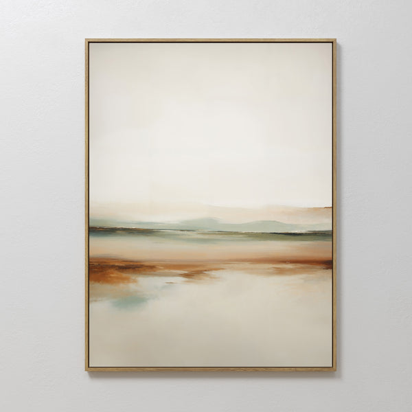 Earthly Hues Abstract Canvas Art features soft blends of brown, beige, green, and blue for a serene look. Framed and ready to hang on a white wall, it’s ideal for enhancing your modern living room decor with minimalist style.