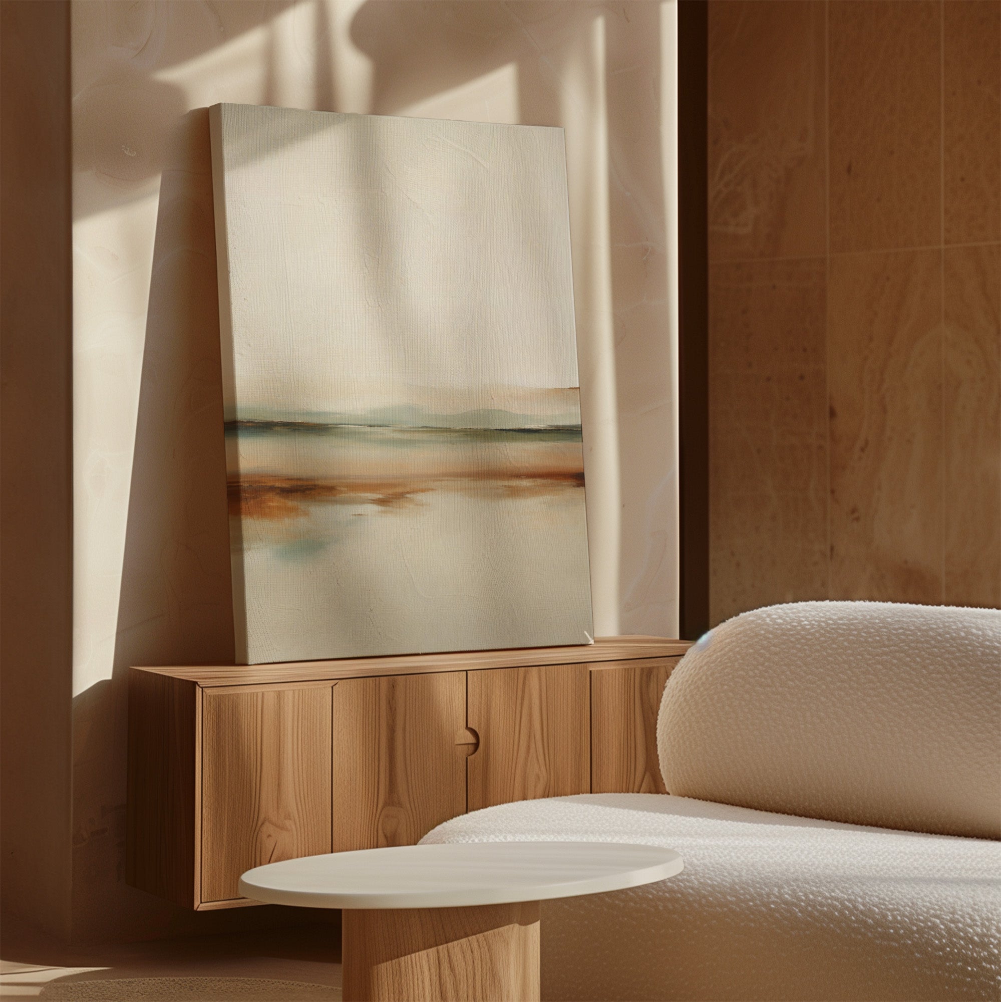 A minimalist living room with a light wood sideboard, the Earthly Hues Abstract Canvas Art leaning against the wall, a white textured sofa, and a round white coffee table, all bathed in natural sunlight.