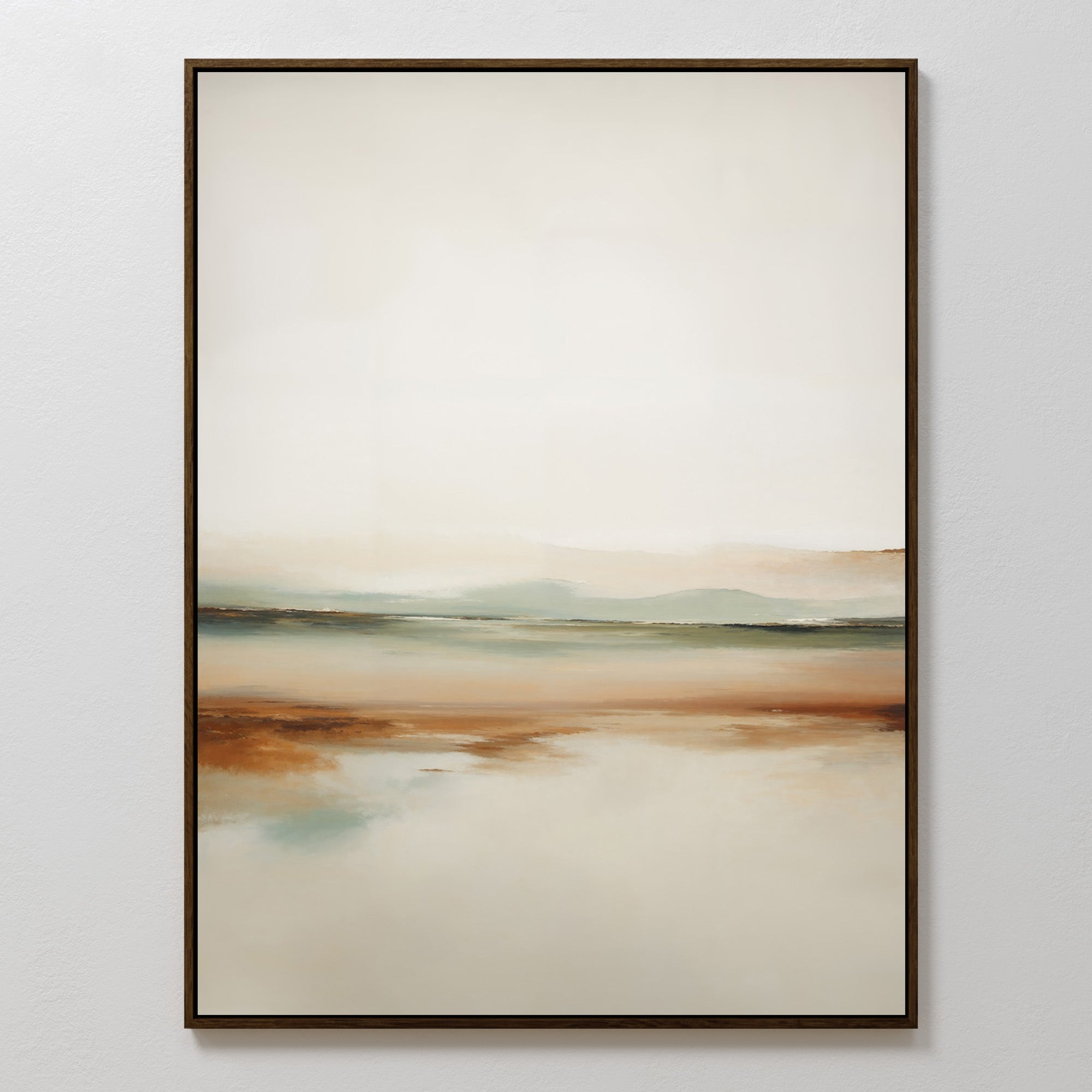 The Earthly Hues Abstract Canvas Art features soft blends of beige, brown, green, and blue, evoking a serene landscape. This modern wall art adds subtle elegance to your living room decor.