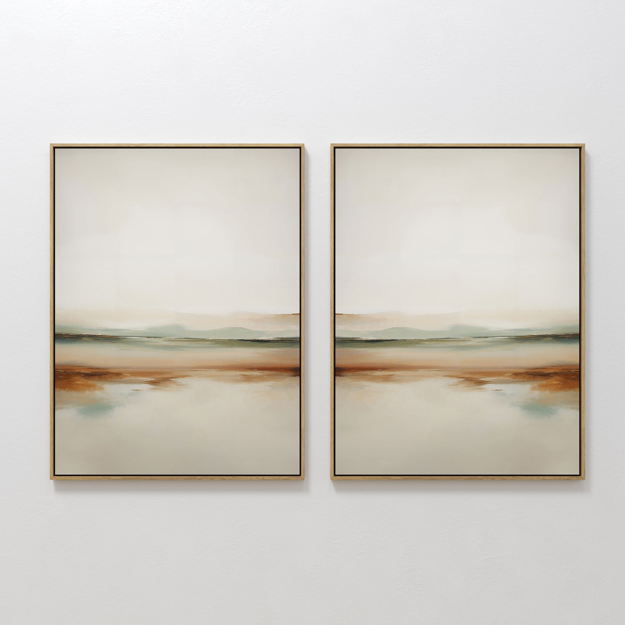 The Earthly Hues Set of 2 features framed minimalist wall art in beige, brown, green, and blue with blurred horizontal lines, creating a calming touch—ideal as living room decor.
