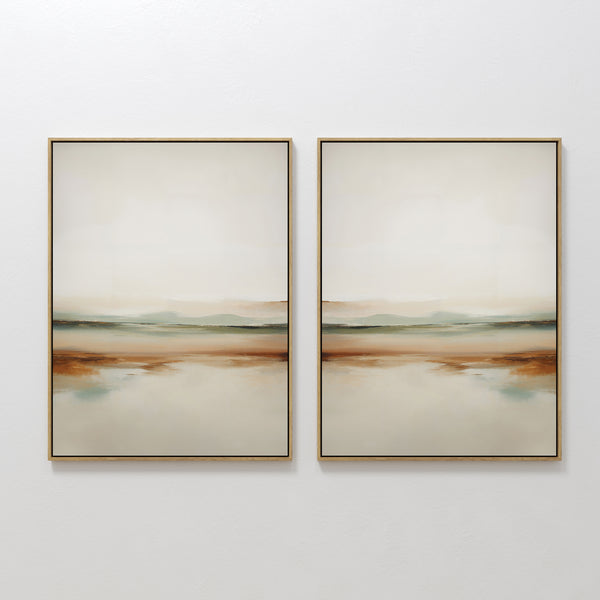 The Earthly Hues Set of 2 features framed minimalist wall art in beige, brown, green, and blue with blurred horizontal lines, creating a calming touch—ideal as living room decor.
