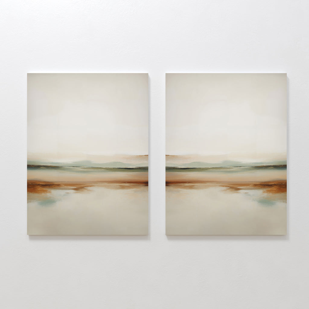 The Earthly Hues Set of 2 features abstract landscape paintings in soft beige, brown, green, and blue tones. Their minimalist, blurred layers evoke a calm natural scene—ideal wall art for adding serenity to your living room.