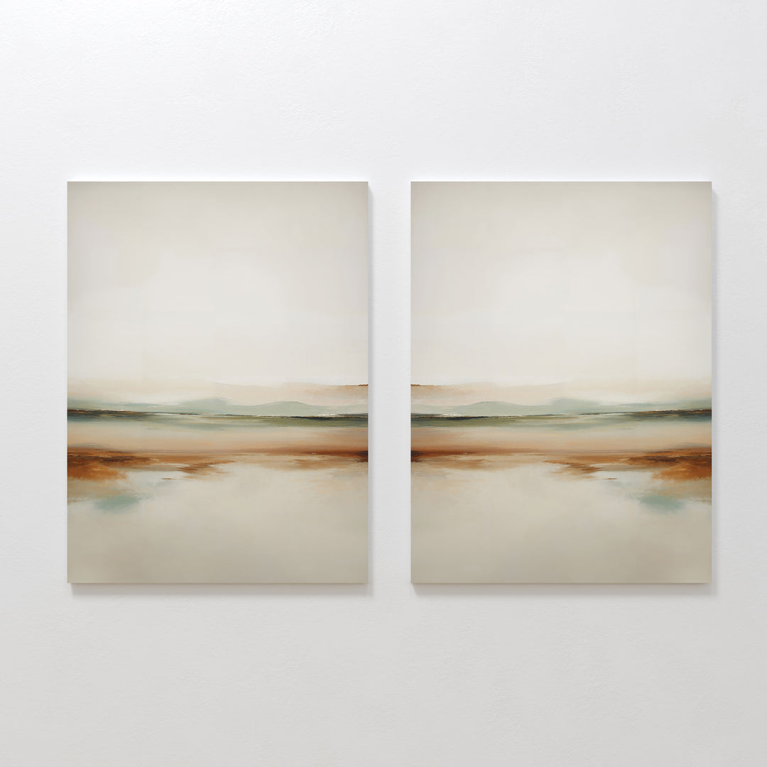 The Earthly Hues Set of 2 features abstract landscape paintings in soft beige, brown, green, and blue tones. Their minimalist, blurred layers evoke a calm natural scene—ideal wall art for adding serenity to your living room.