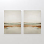 The Earthly Hues Set of 2 features abstract landscape paintings in soft beige, brown, green, and blue tones. Their minimalist, blurred layers evoke a calm natural scene—ideal wall art for adding serenity to your living room.