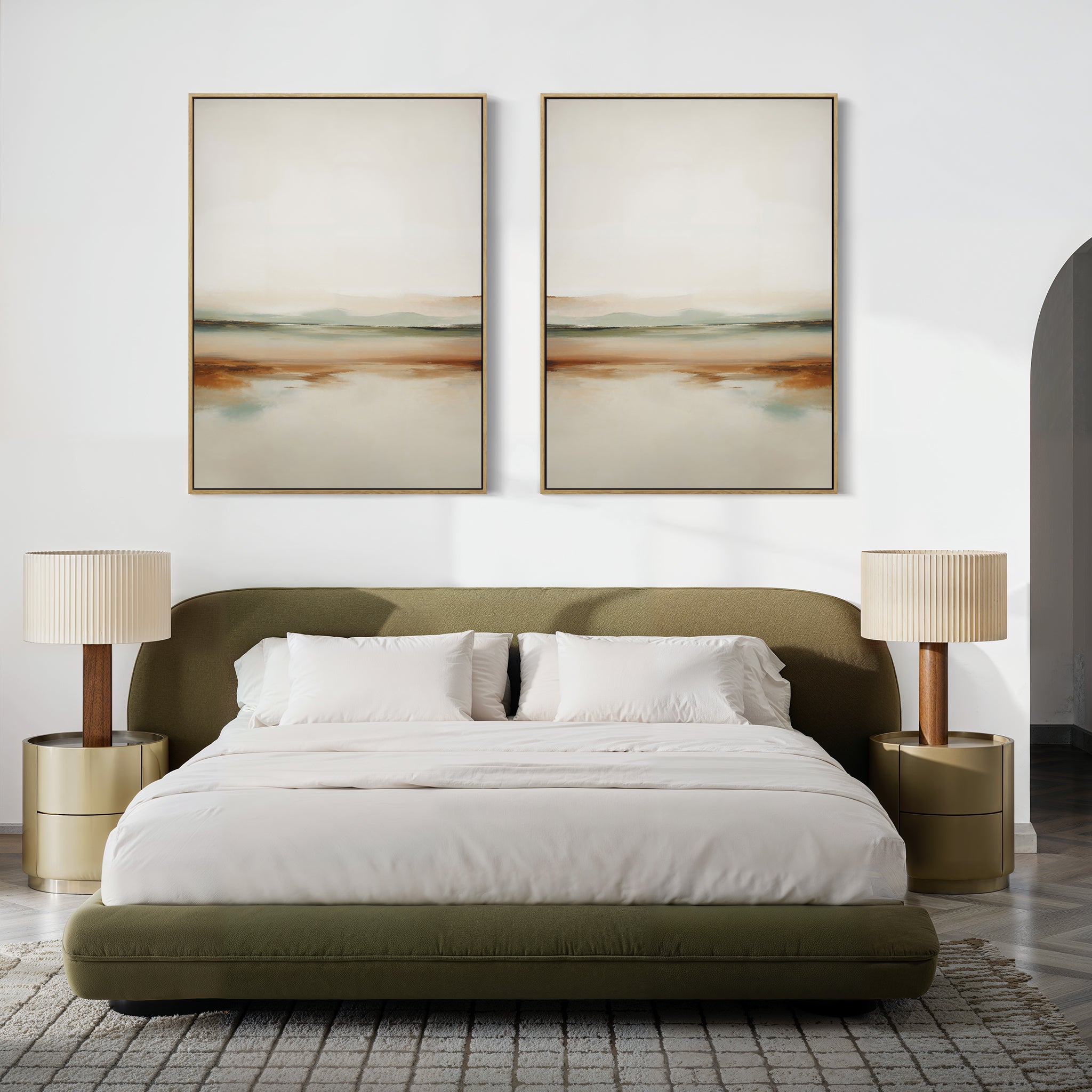 A modern bedroom featuring an olive green upholstered bed, white bedding, beige nightstands with lamps, a textured rug, and stylish minimalist wall art—Earthly Hues Set of 2 abstract landscape paintings—displayed above the bed.