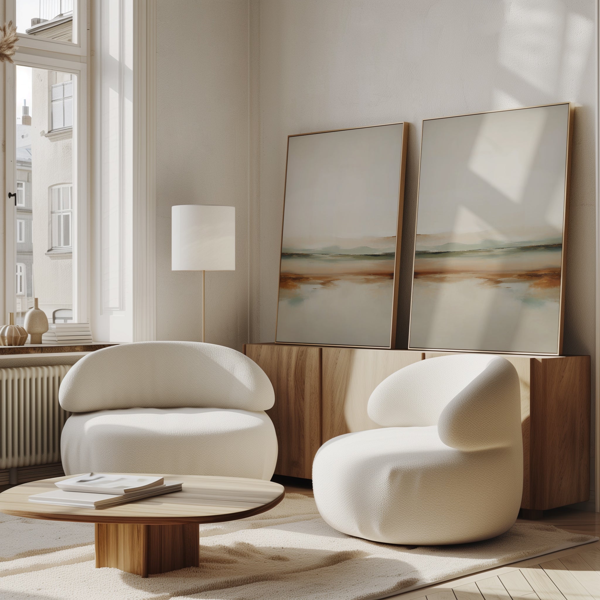 A modern living room showcases the Earthly Hues Set of 2 rounded white chairs, a wooden coffee table, a tall floor lamp, and minimalist wall art atop a wooden sideboard, creating a stylish look against a large window.