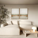A modern living room with a cream chaise sofa, wooden coffee table, small lamp and book, minimalist "Earthly Hues Set of 2" wall art as an abstract diptych, and a leafy indoor plant in the corner completes the decor.