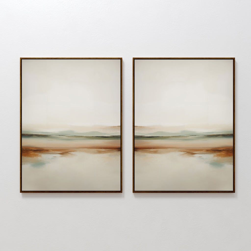 The Earthly Hues Set of 2 features abstract landscape paintings in brown, green, and beige, each with a mirrored horizon and soft, blurred edges—a minimalist wall art duo perfect for enhancing your living room decor.