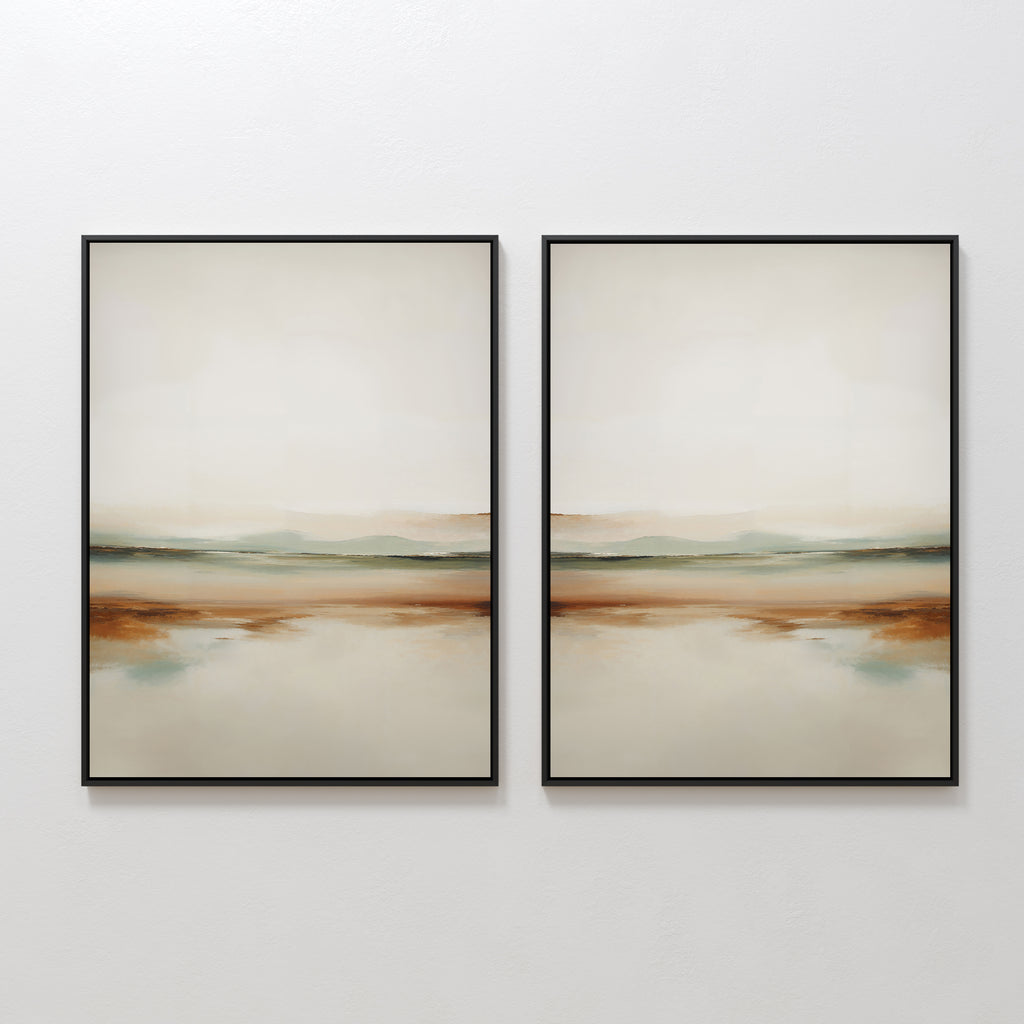 The Earthly Hues Set of 2 features framed abstract landscape paintings in soft earth tones and muted colors, adding minimalist charm and a calm, serene vibe to your living room decor.