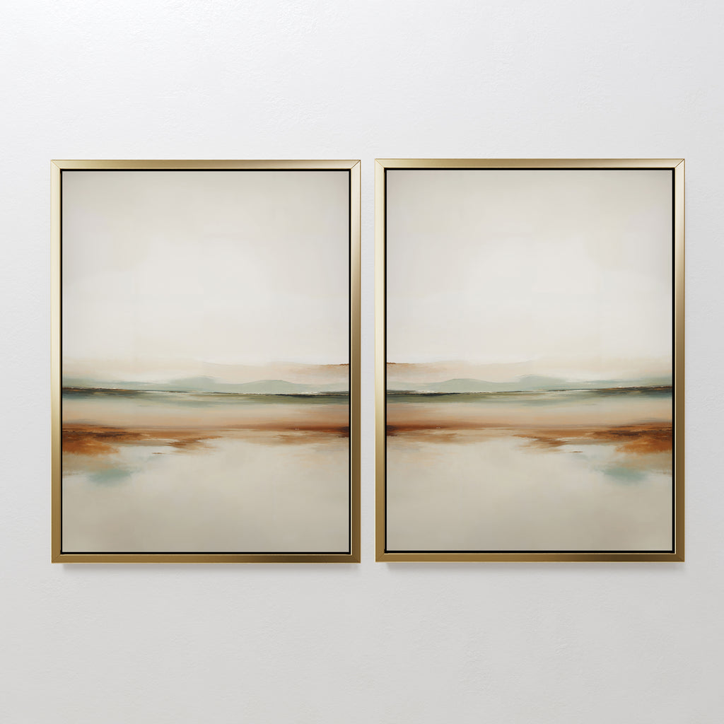 The Earthly Hues Set of 2 features framed abstract landscape paintings in soft earth tones and blurred bands—minimalist wall art ideal for elevating your living room decor.
