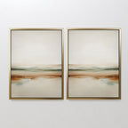 The Earthly Hues Set of 2 features framed abstract landscape paintings in soft earth tones and blurred bands—minimalist wall art ideal for elevating your living room decor.