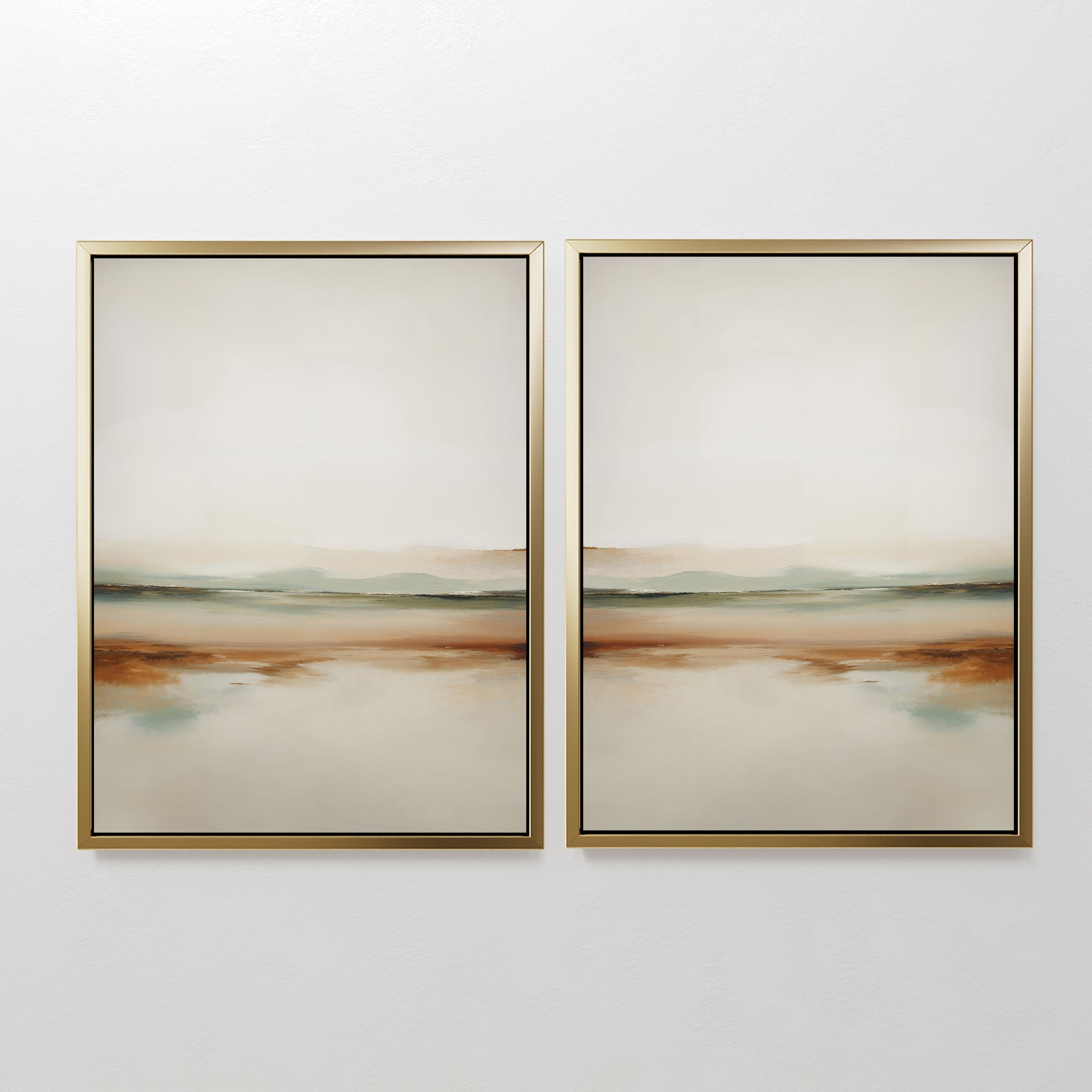 The Earthly Hues Set of 2 features framed abstract landscape paintings in soft earth tones and blurred bands—minimalist wall art ideal for elevating your living room decor.
