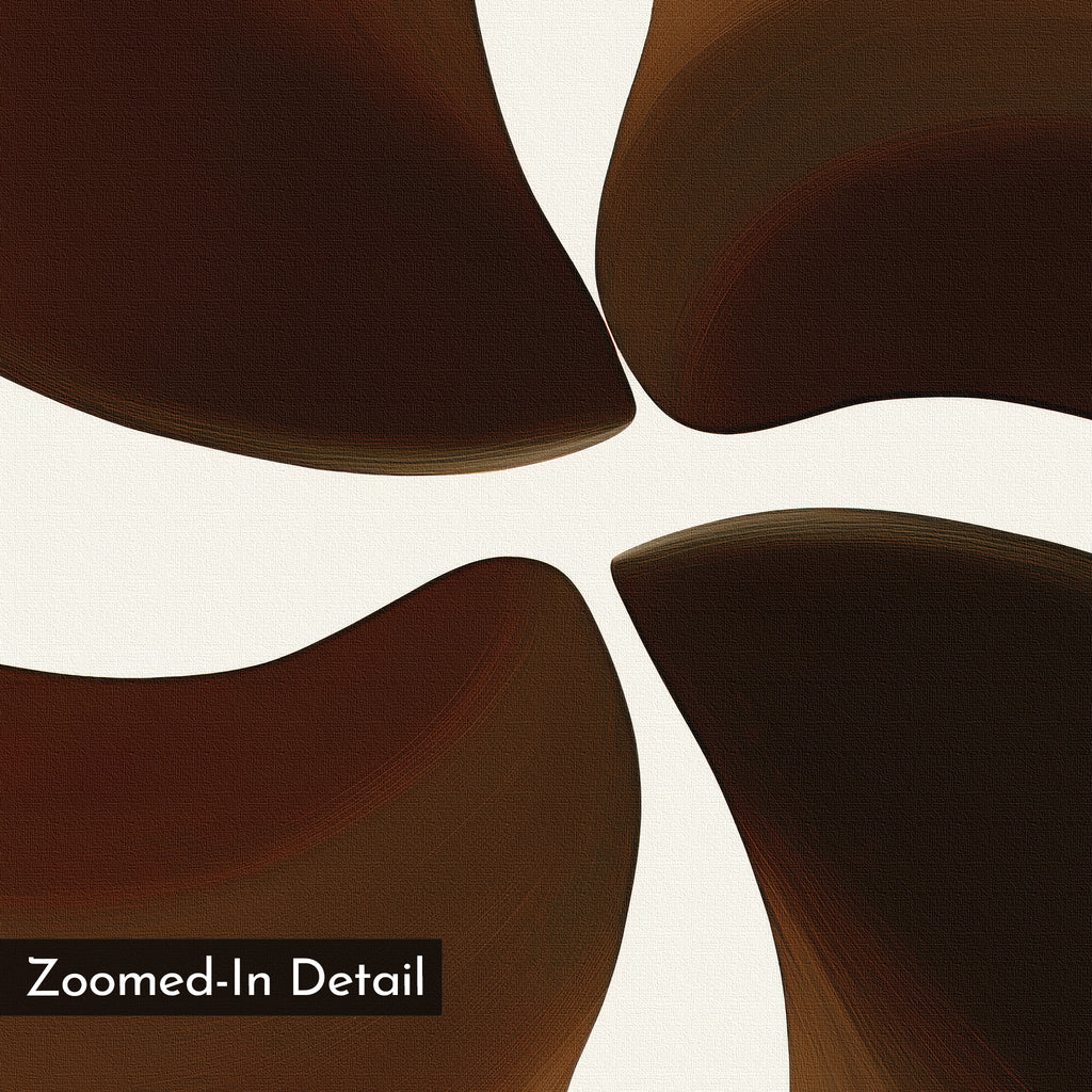 A close-up of Earthy Blooms Canvas Art shows four dark brown curved shapes on white, with painted brushstroke texture. A corner label reads Zoomed-In Detail, creating a Nordic Park vibe.