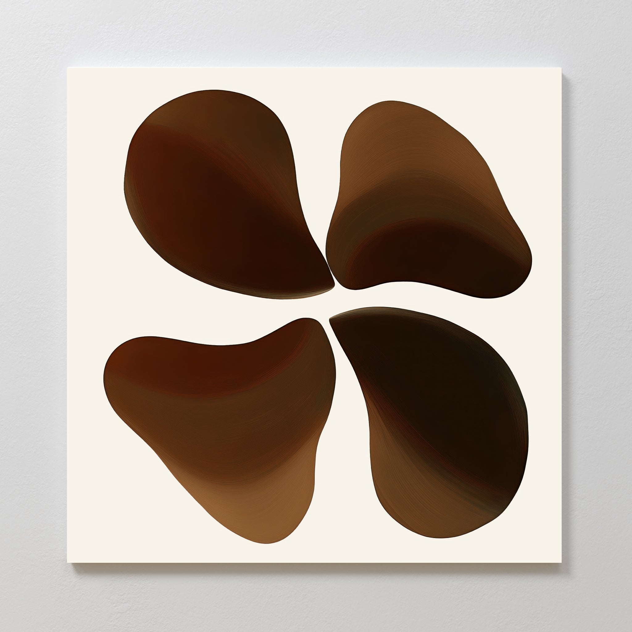 Earthy Blooms Canvas Art features minimalist wall art with four overlapping, rounded brown shapes in a clover-like design on a white background—perfect as large wall art for any modern space.