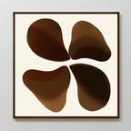 Earthy Blooms Canvas Art features four organic, rounded brown shapes symmetrically arranged on a cream background and framed with thin dark wood—ideal minimalist wall decor for any space.