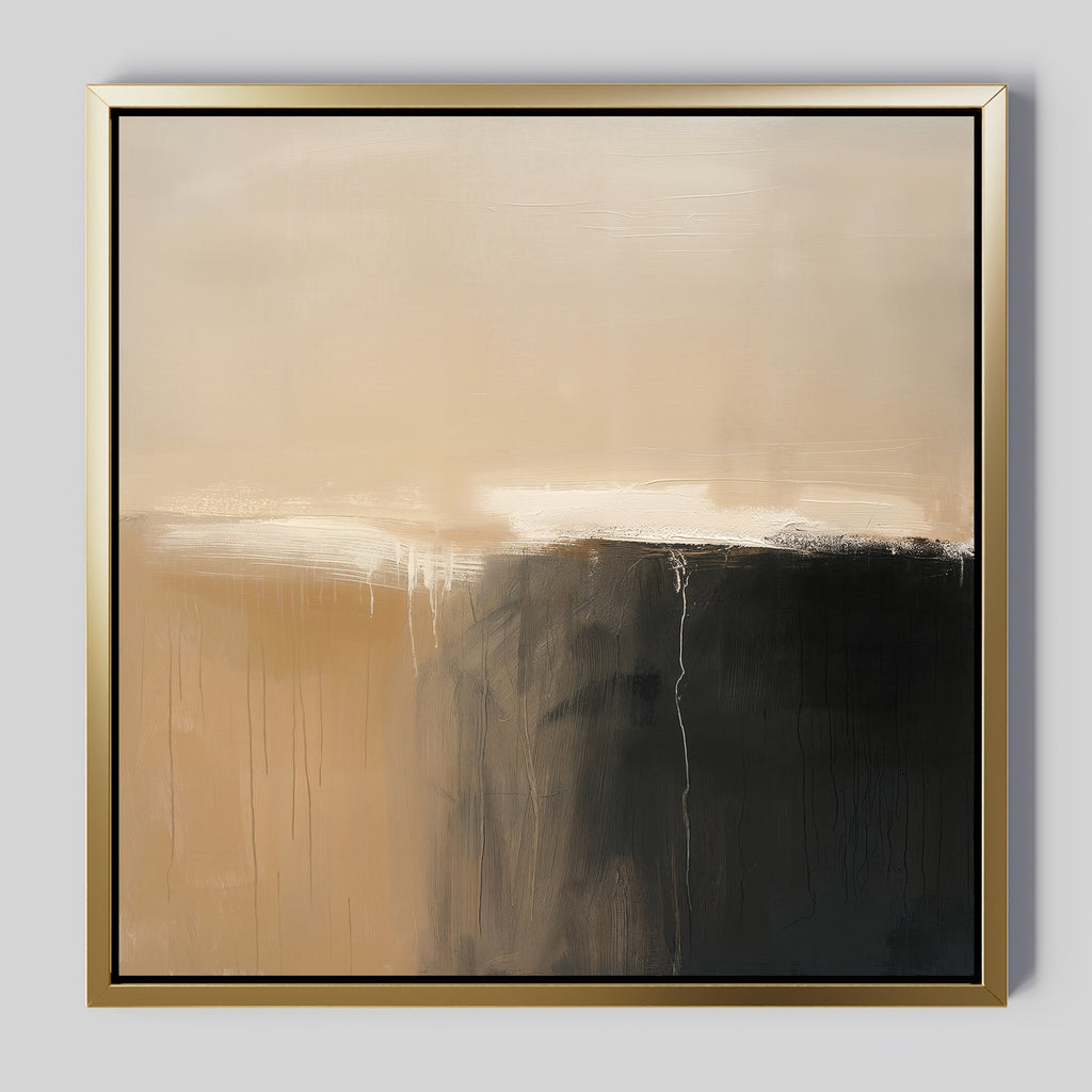 Earthy Cliffs Abstract Canvas Art features soft beige tones blending into dark brown and black, accented by white streaks and drips—a textured, minimalist piece in a gold frame, perfect wall art for contemporary living room decor.