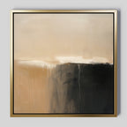Earthy Cliffs Abstract Canvas Art features soft beige tones blending into dark brown and black, accented by white streaks and drips—a textured, minimalist piece in a gold frame, perfect wall art for contemporary living room decor.