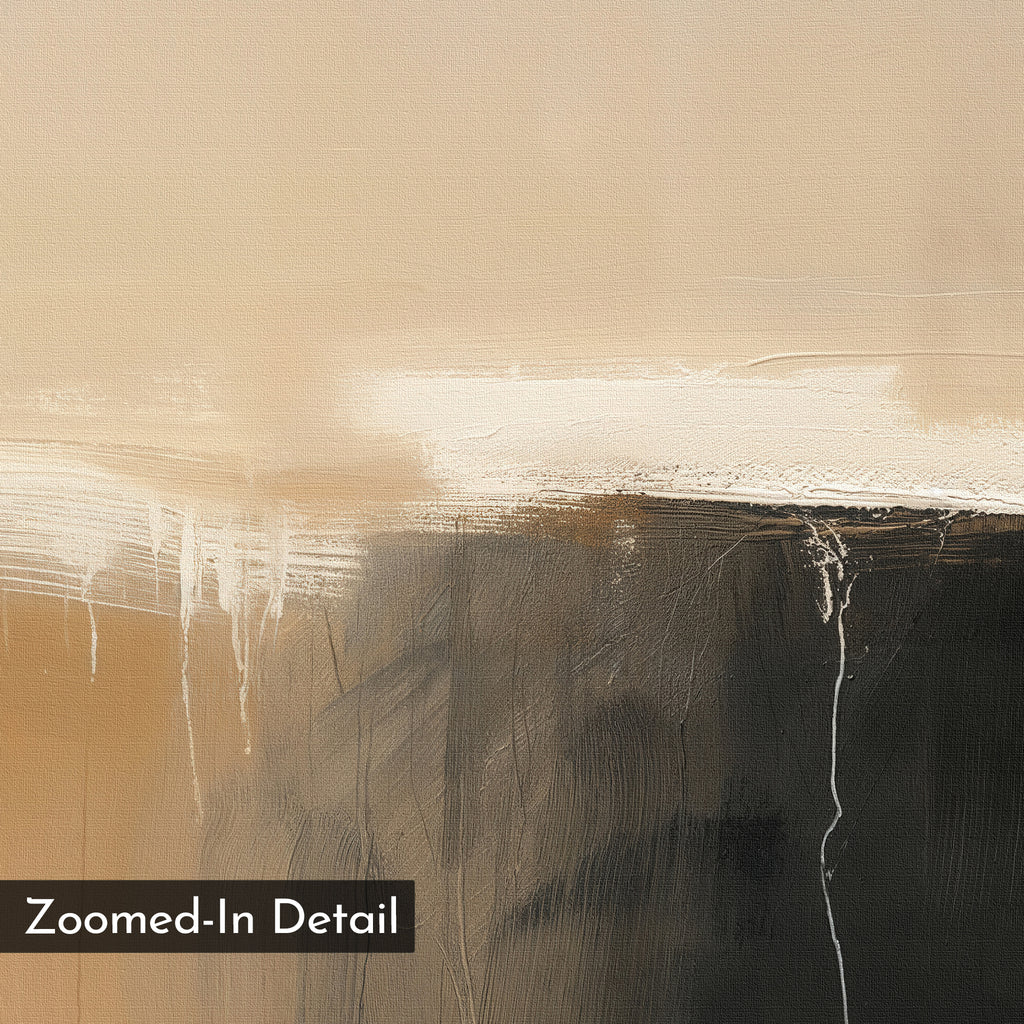 Earthy Cliffs Abstract Canvas Art showcases beige and cream hues blending into dark brown and black, with visible paint drips and textured brushstrokes for depth. "Zoomed-In Detail" appears in the lower left corner—ideal for living room decor.
