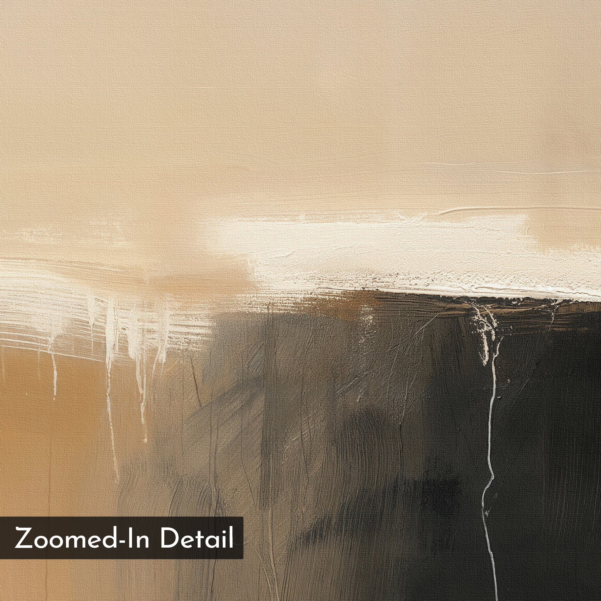 Earthy Cliffs Abstract Canvas Art showcases beige and cream hues blending into dark brown and black, with visible paint drips and textured brushstrokes for depth. "Zoomed-In Detail" appears in the lower left corner—ideal for living room decor.