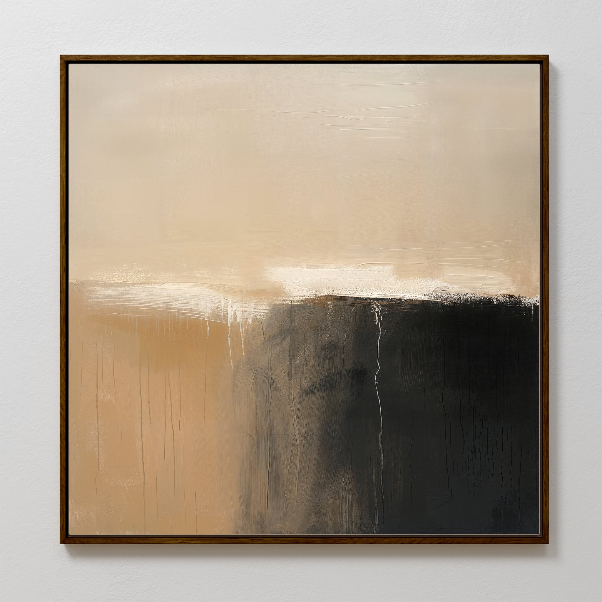The Earthy Cliffs Abstract Canvas Art is a square, minimalist wall piece with neutral beige and tan tones, a dark textured lower right corner, and soft white brushstrokes—framed for stylish living room decor.
